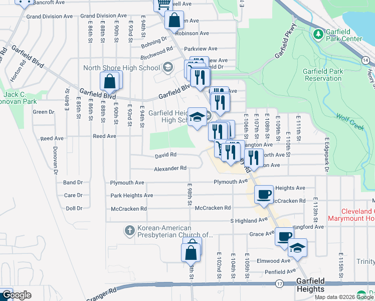 map of restaurants, bars, coffee shops, grocery stores, and more near 9717 David Road in Garfield Heights