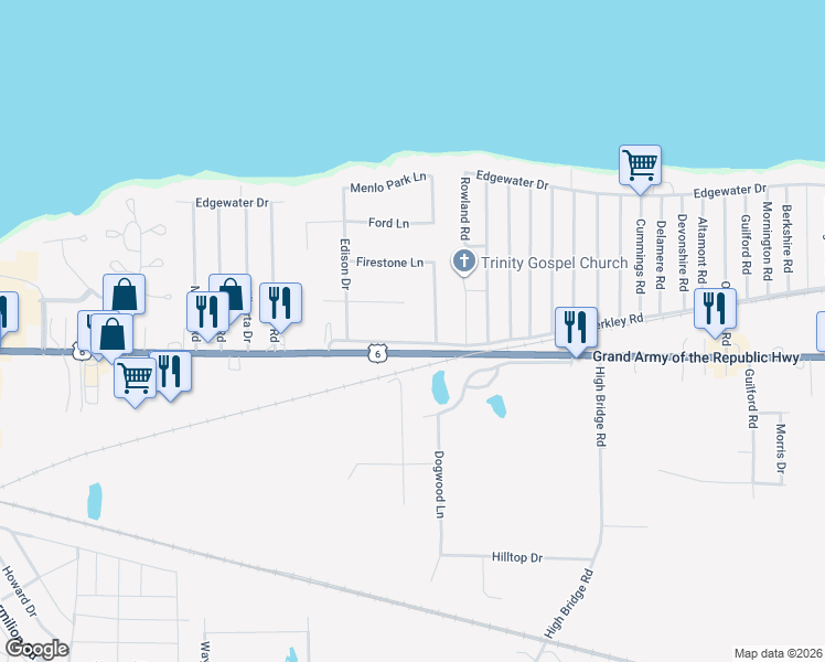 map of restaurants, bars, coffee shops, grocery stores, and more near 4148 Berkley Road in Vermilion