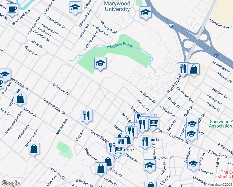 map of restaurants, bars, coffee shops, grocery stores, and more near 1905 Electric Street in Dunmore