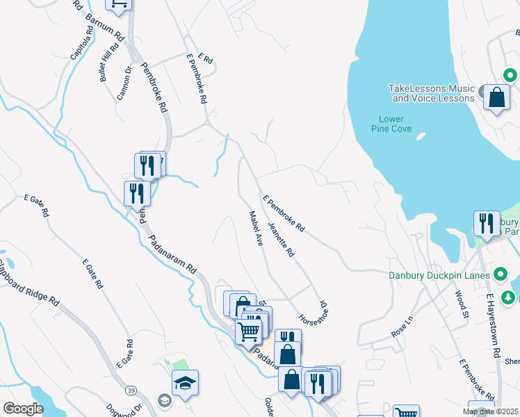 map of restaurants, bars, coffee shops, grocery stores, and more near 44 Jeanette Road in Danbury