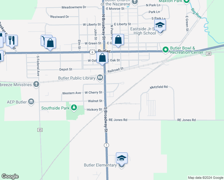 map of restaurants, bars, coffee shops, grocery stores, and more near 111 East Cherry Street in Butler