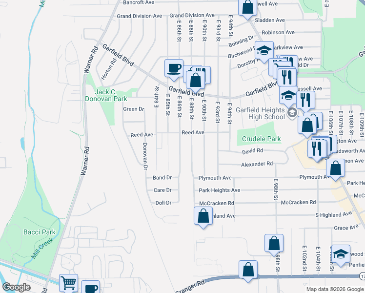 map of restaurants, bars, coffee shops, grocery stores, and more near 4936 East 88th Street in Garfield Heights