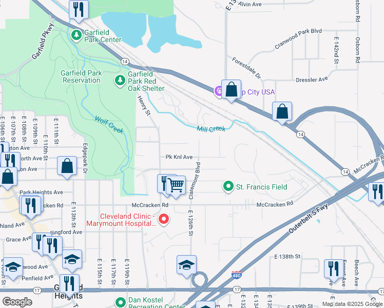 map of restaurants, bars, coffee shops, grocery stores, and more near 12521 Park Knoll Drive in Garfield Heights
