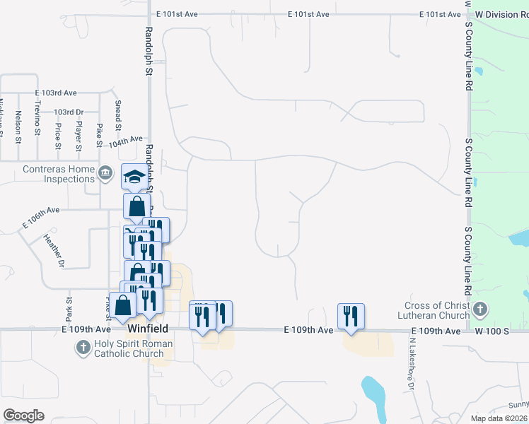 map of restaurants, bars, coffee shops, grocery stores, and more near 10615 Erie Drive in Crown Point