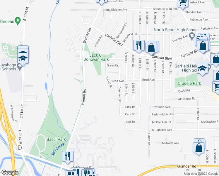 map of restaurants, bars, coffee shops, grocery stores, and more near 4924 East 81st Street in Garfield Heights