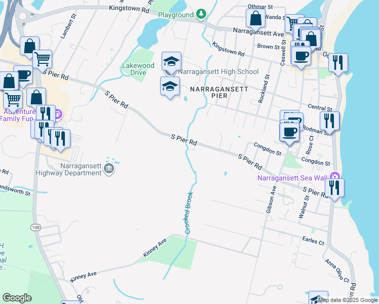 map of restaurants, bars, coffee shops, grocery stores, and more near 178A South Pier Road in Narragansett