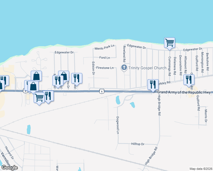 map of restaurants, bars, coffee shops, grocery stores, and more near 4148 Berkley Road in Vermilion