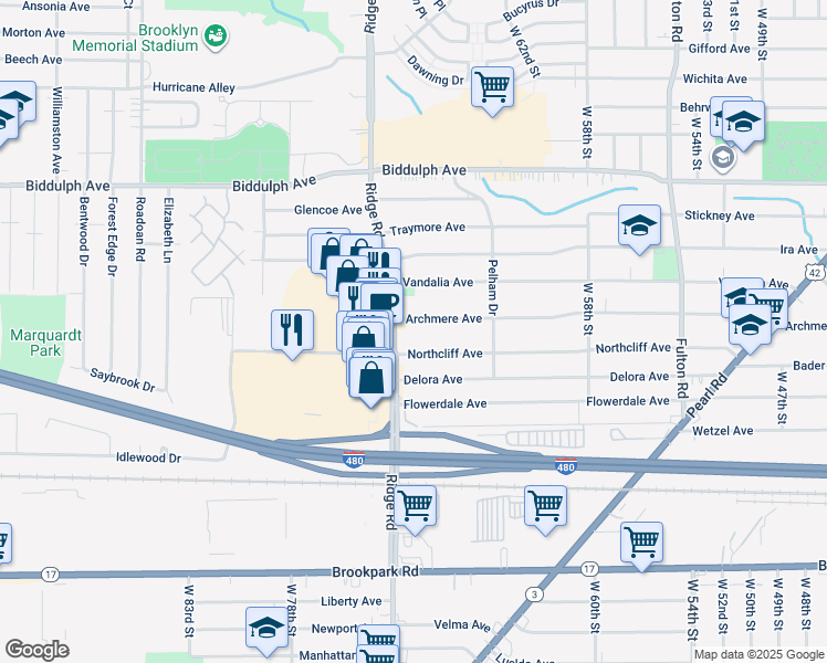 map of restaurants, bars, coffee shops, grocery stores, and more near 6901 Archmere Ave in Brooklyn