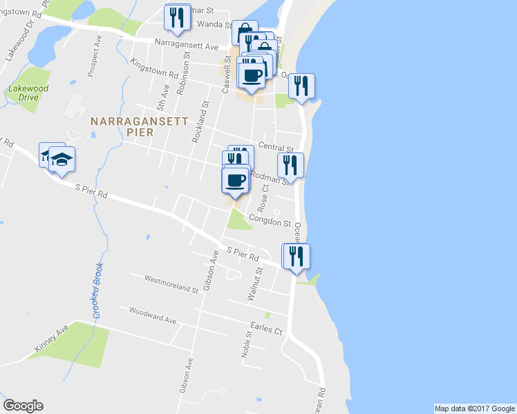 map of restaurants, bars, coffee shops, grocery stores, and more near 27 Rose Ct in Narragansett