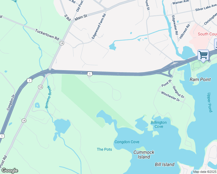 map of restaurants, bars, coffee shops, grocery stores, and more near 111 Spartina Cove Way in South Kingstown