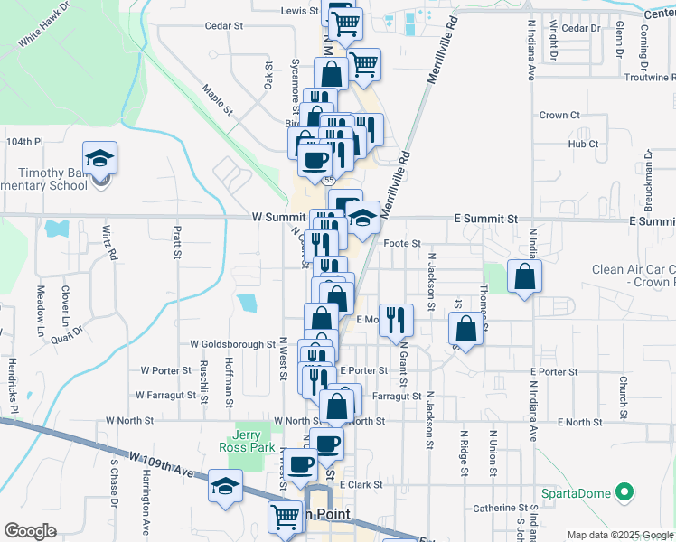 map of restaurants, bars, coffee shops, grocery stores, and more near 714 North Main Street in Crown Point