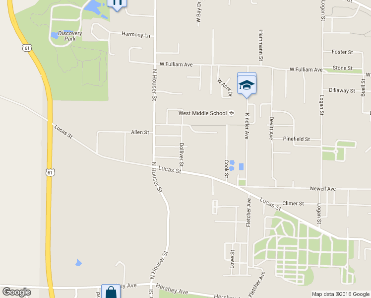 map of restaurants, bars, coffee shops, grocery stores, and more near 1027 Dolliver Street in Muscatine