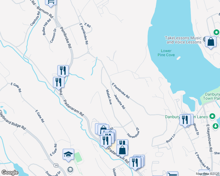 map of restaurants, bars, coffee shops, grocery stores, and more near 44 Jeanette Road in Danbury