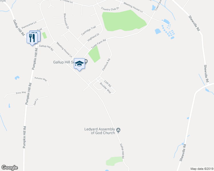 map of restaurants, bars, coffee shops, grocery stores, and more near 6 Boulder Way in Ledyard