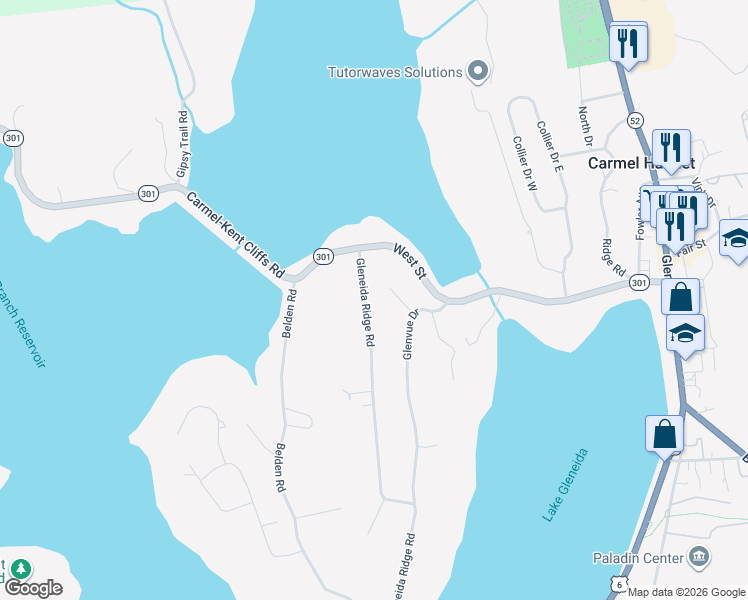 map of restaurants, bars, coffee shops, grocery stores, and more near 165 Gleneida Ridge Road in Carmel Hamlet