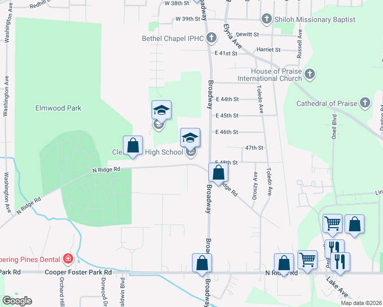 map of restaurants, bars, coffee shops, grocery stores, and more near 4700 Broadway in Lorain