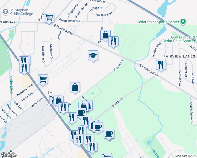 map of restaurants, bars, coffee shops, grocery stores, and more near 1313 East Strub Road in Sandusky