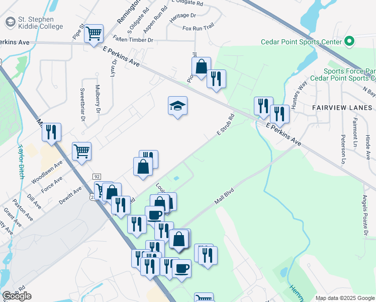 map of restaurants, bars, coffee shops, grocery stores, and more near 1313 East Strub Road in Sandusky