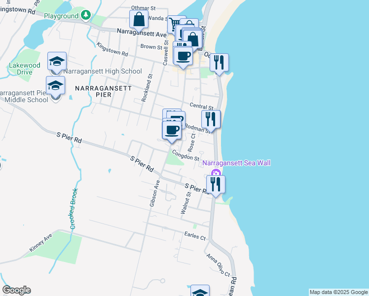 map of restaurants, bars, coffee shops, grocery stores, and more near 27 Rose Court in Narragansett
