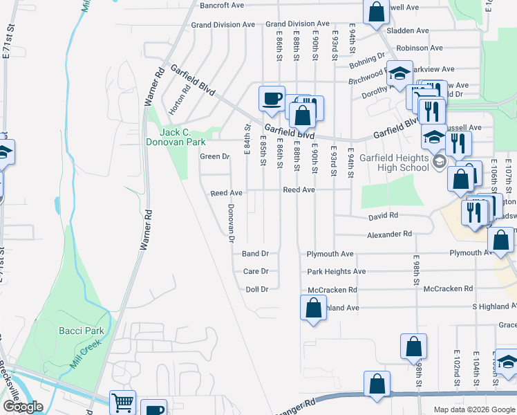 map of restaurants, bars, coffee shops, grocery stores, and more near 4921 East 85th Street in Garfield Heights
