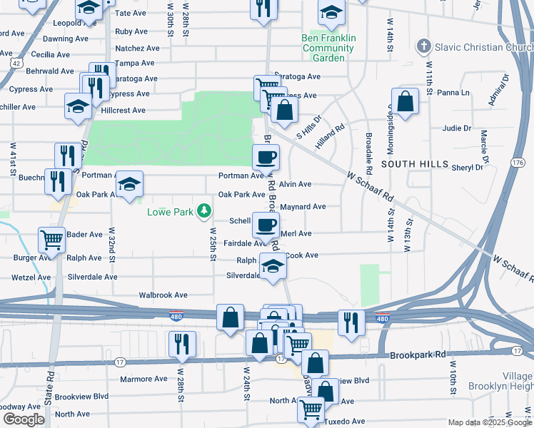 map of restaurants, bars, coffee shops, grocery stores, and more near 2118 Schell Avenue in Cleveland