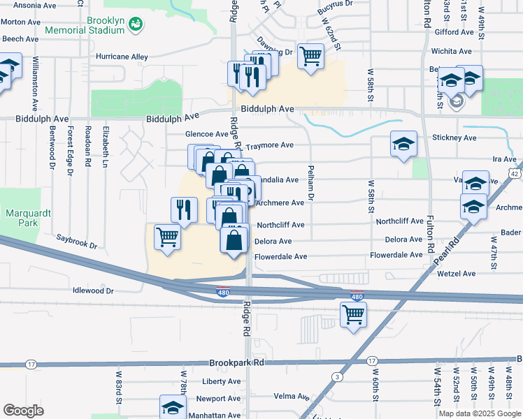 map of restaurants, bars, coffee shops, grocery stores, and more near 6901 Archmere Avenue in Brooklyn