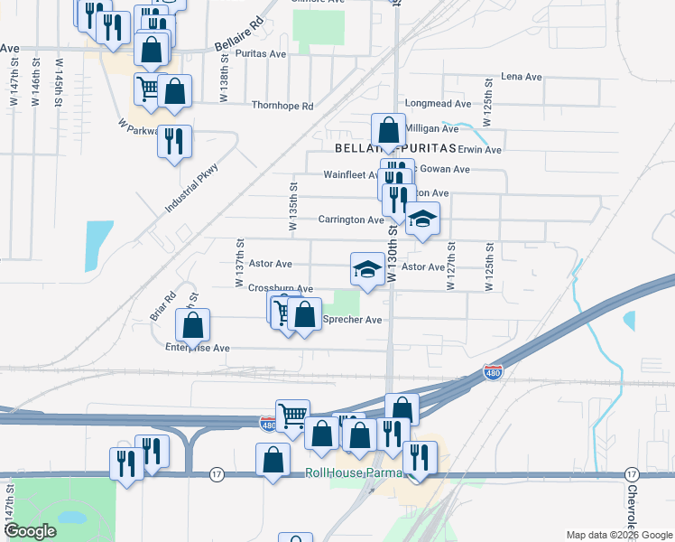 map of restaurants, bars, coffee shops, grocery stores, and more near 13221 Astor Avenue in Cleveland