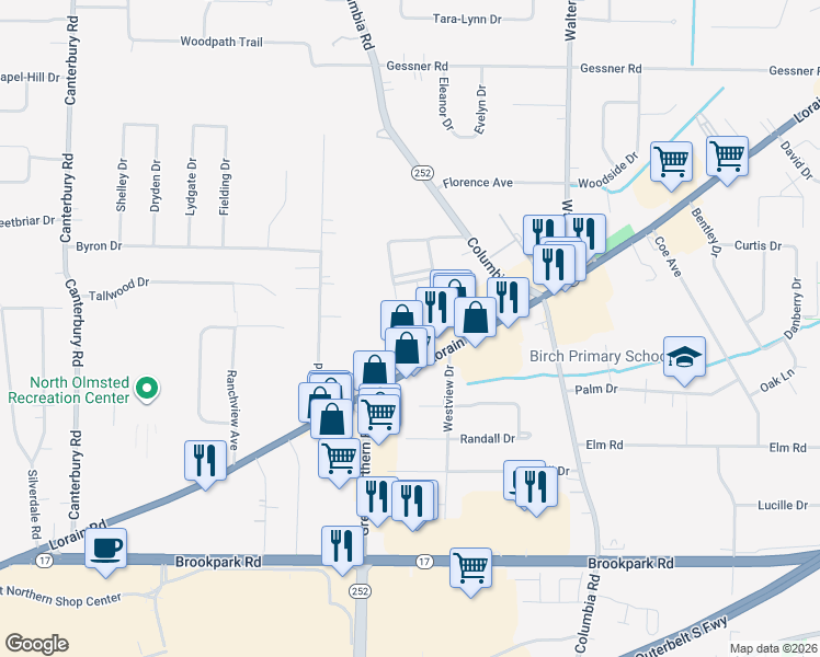 map of restaurants, bars, coffee shops, grocery stores, and more near 25157 Carlton Park in North Olmsted