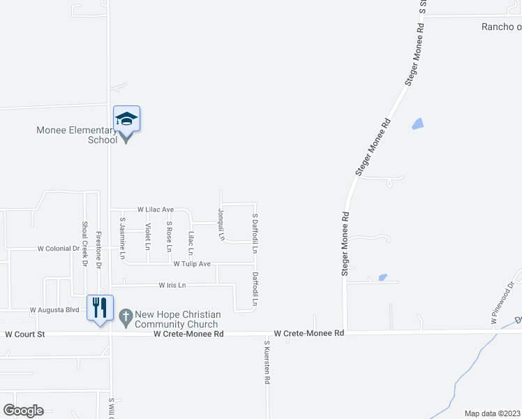 map of restaurants, bars, coffee shops, grocery stores, and more near 25611 South Daffodil Lane in Monee