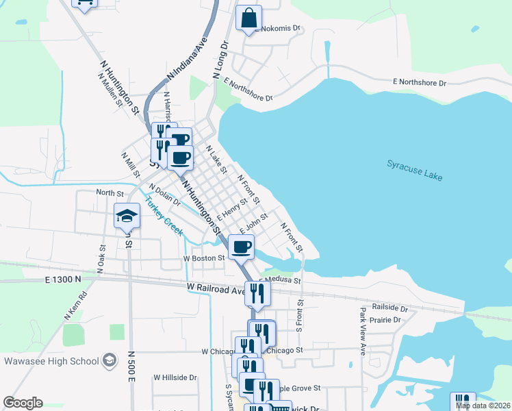 map of restaurants, bars, coffee shops, grocery stores, and more near 307 North Front Street in Syracuse