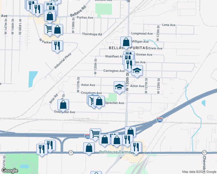 map of restaurants, bars, coffee shops, grocery stores, and more near 13221 Astor Avenue in Cleveland
