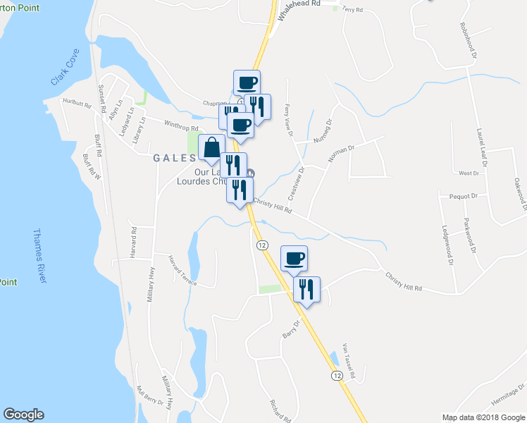 map of restaurants, bars, coffee shops, grocery stores, and more near 199 Christy Hill Road in Ledyard