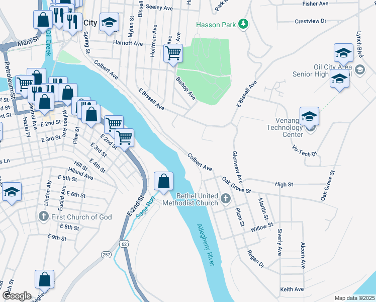 map of restaurants, bars, coffee shops, grocery stores, and more near 190 Colbert Avenue in Oil City