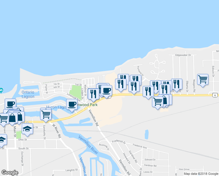 map of restaurants, bars, coffee shops, grocery stores, and more near 460 Nantucket Place in Vermilion