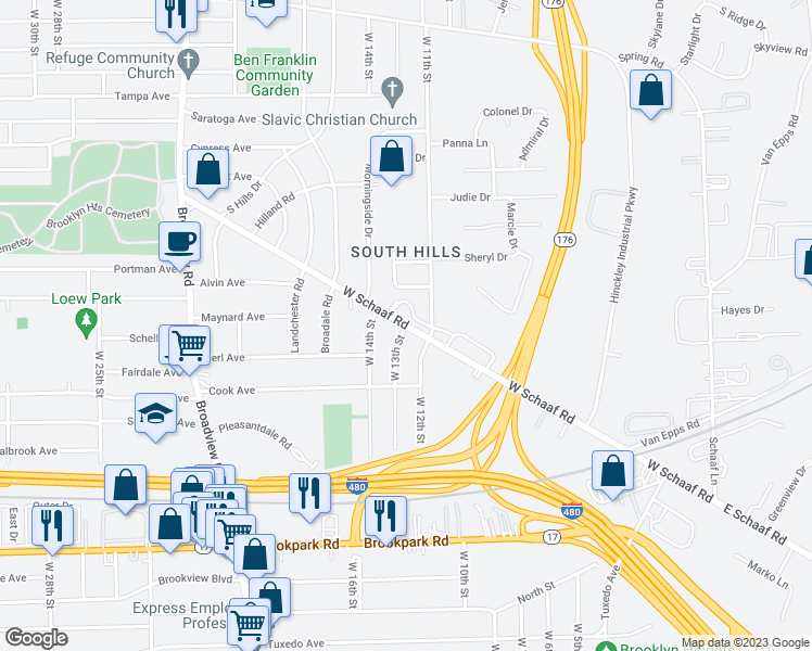 map of restaurants, bars, coffee shops, grocery stores, and more near W Schaaf Rd & W 13th St in Cleveland