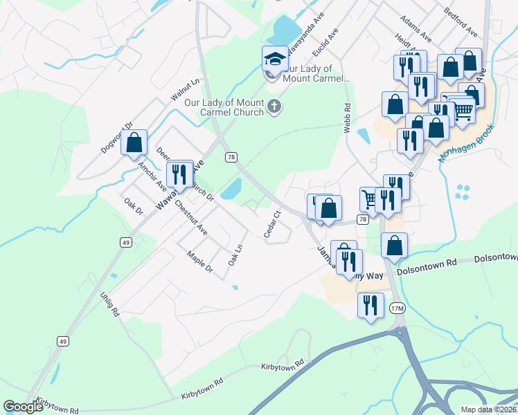 map of restaurants, bars, coffee shops, grocery stores, and more near 3 Bella Vista Drive in Middletown