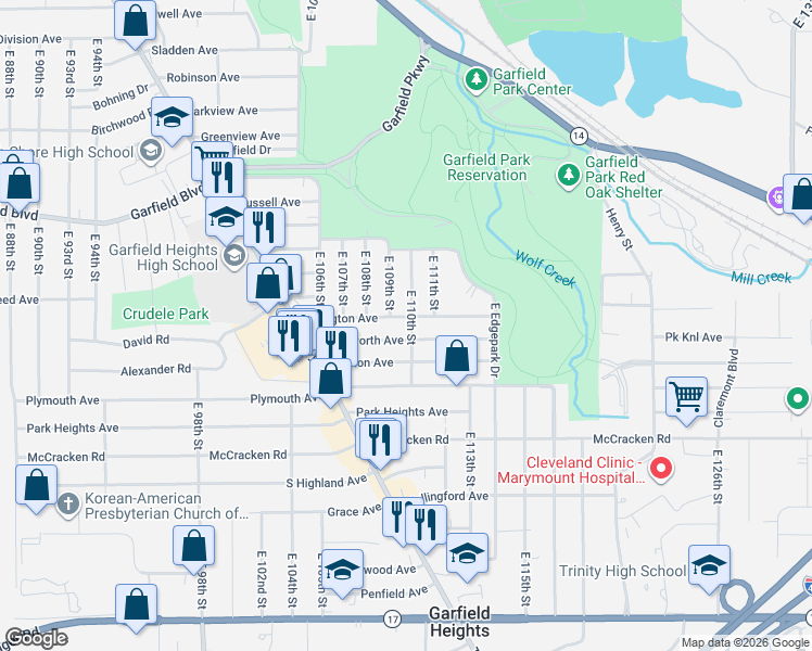 map of restaurants, bars, coffee shops, grocery stores, and more near 4964 East 110th Street in Garfield Heights