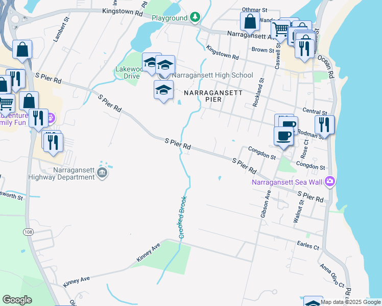 map of restaurants, bars, coffee shops, grocery stores, and more near 174A South Pier Road in Narragansett