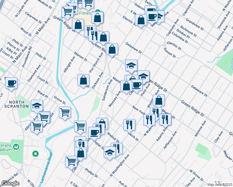 map of restaurants, bars, coffee shops, grocery stores, and more near 102 Monsey Avenue in Scranton