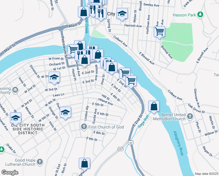 map of restaurants, bars, coffee shops, grocery stores, and more near East 4th Alley in Oil City
