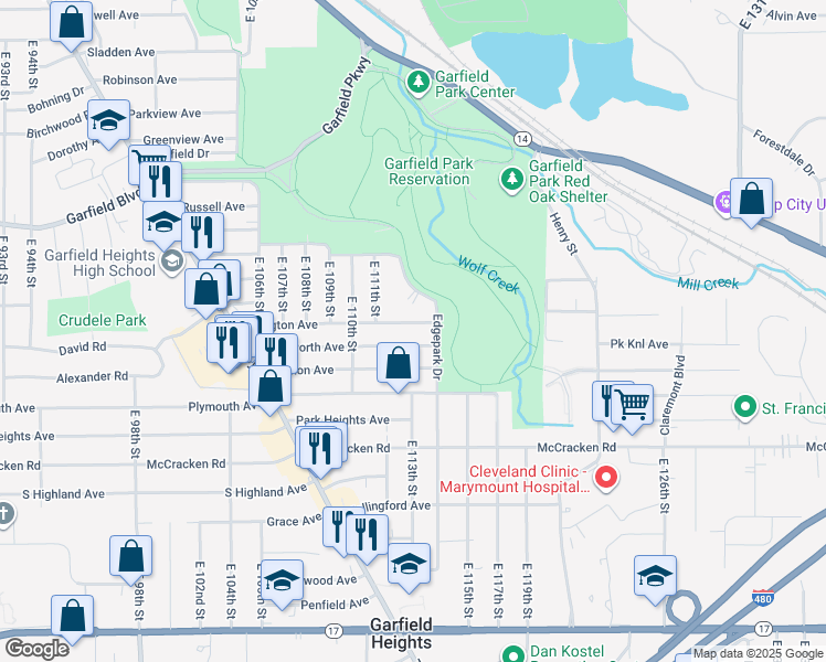 map of restaurants, bars, coffee shops, grocery stores, and more near 11119 Wadsworth Avenue in Garfield Heights