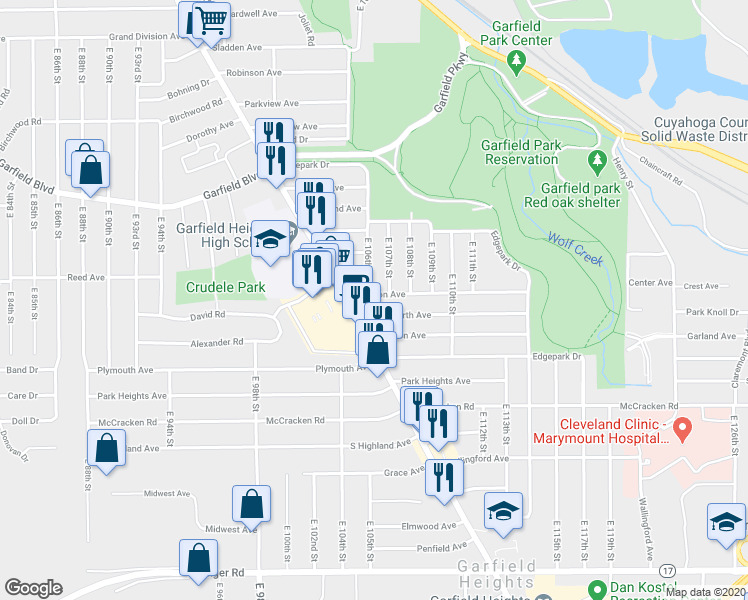 map of restaurants, bars, coffee shops, grocery stores, and more near 10621 Wadsworth Avenue in Garfield Heights