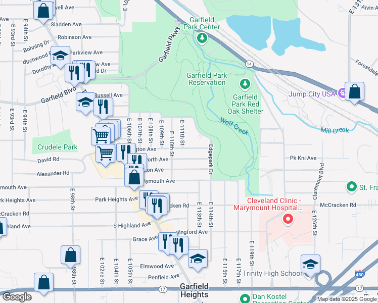 map of restaurants, bars, coffee shops, grocery stores, and more near 11112 Langton Avenue in Garfield Heights