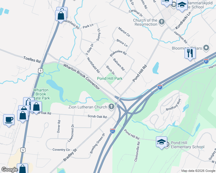 map of restaurants, bars, coffee shops, grocery stores, and more near 105 Northfield Road in Wallingford