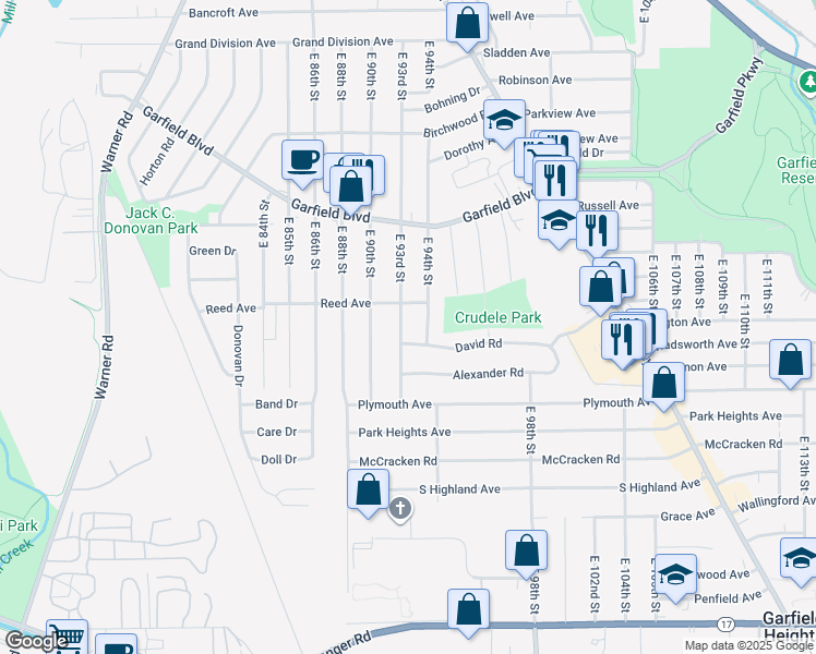 map of restaurants, bars, coffee shops, grocery stores, and more near 4925 East 93rd Street in Garfield Heights