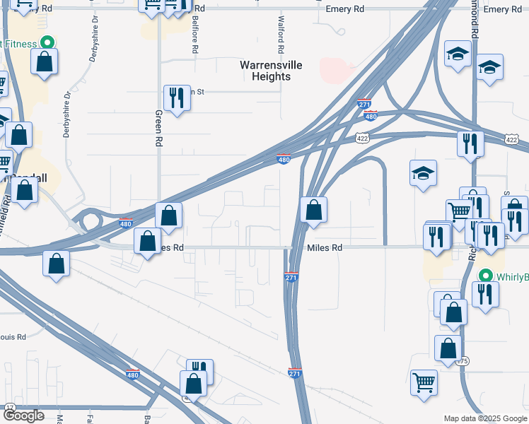 map of restaurants, bars, coffee shops, grocery stores, and more near 23980 Banbury Circle in Warrensville Heights