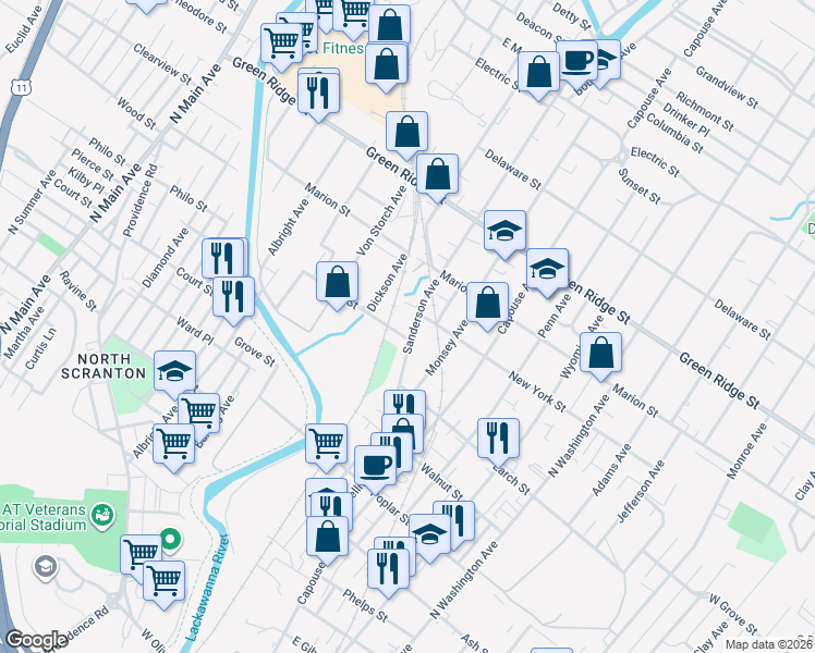 map of restaurants, bars, coffee shops, grocery stores, and more near 1346A Sanderson Avenue in Scranton
