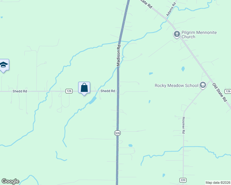 map of restaurants, bars, coffee shops, grocery stores, and more near 16310 Madison Road in Middlefield