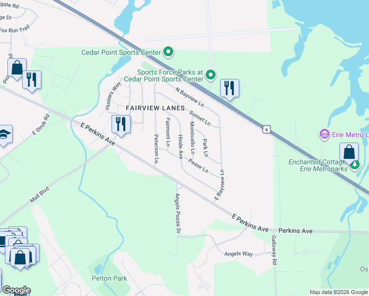 map of restaurants, bars, coffee shops, grocery stores, and more near 2821 Monticello Lane in Sandusky
