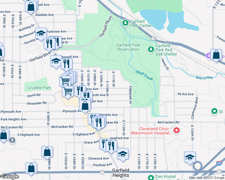 map of restaurants, bars, coffee shops, grocery stores, and more near 11016 Langton Avenue in Garfield Heights
